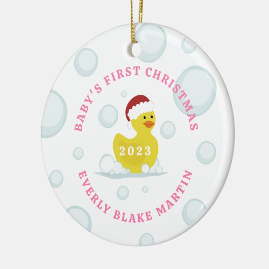 Rubber eend baby's eerste kerst bubbels roze keramisch ornament (Links)