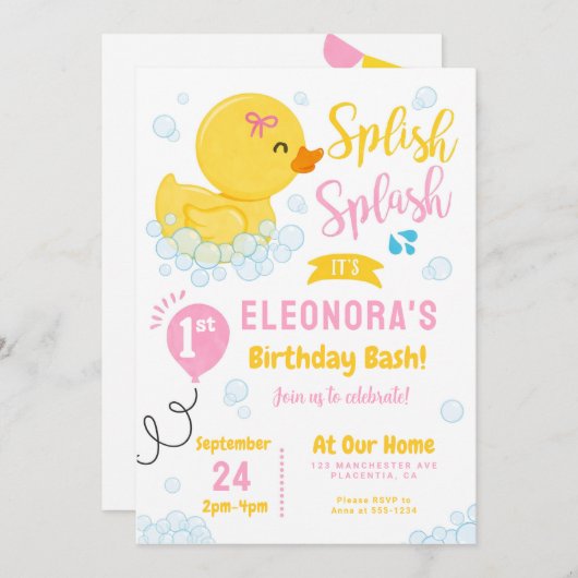 Rubber Eend Eerste verjaardag Party Roze Geel Kaart (Voorkant / Achterkant)
