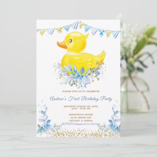 RUBBER EEND JONGEN Eerste Verjaardag Kaart (Staand voorkant)