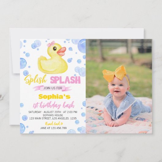 Rubber eend meisje 1e verjaardag uitnodiging (Voorkant)