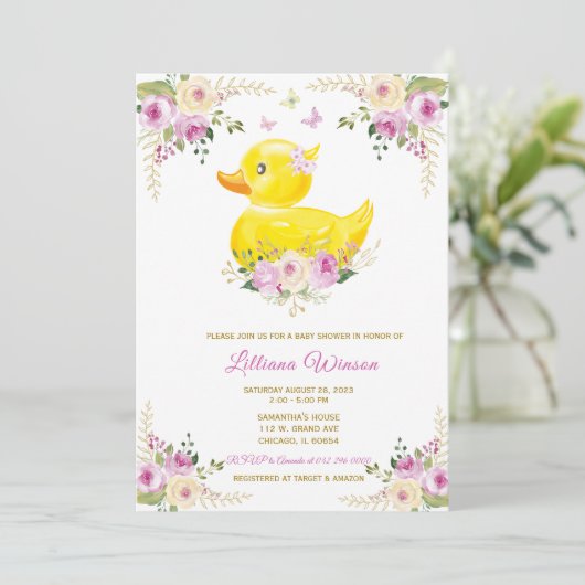 RUBBER EEND MEISJE Baby Shower Kaart (Staand voorkant)