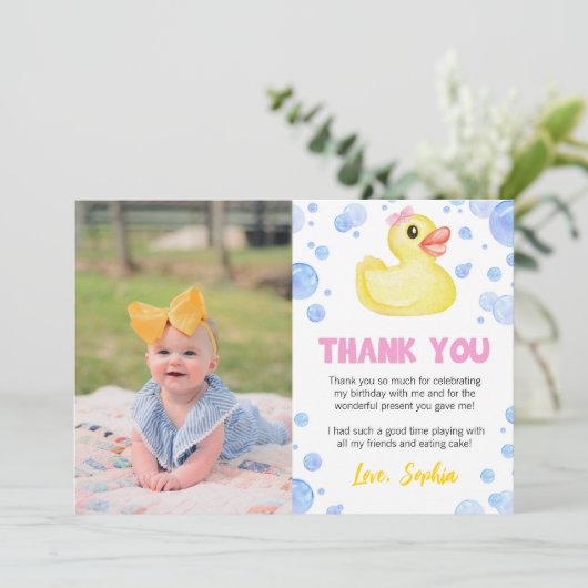 Rubber eend meisje verjaardag foto dank u kaart (Staand voorkant)