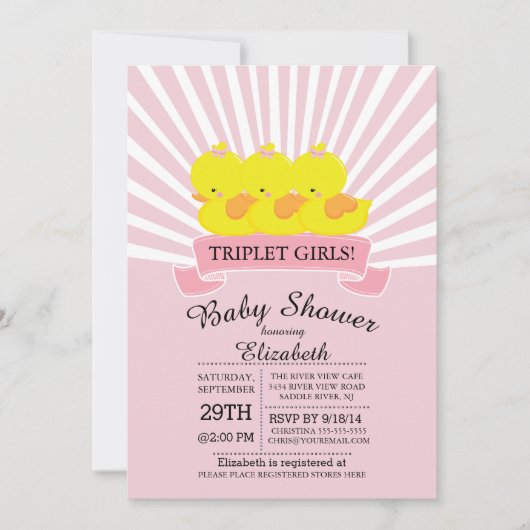 Rubber eend triplet meisjes baby douche uitnodigin kaart (Voorkant)