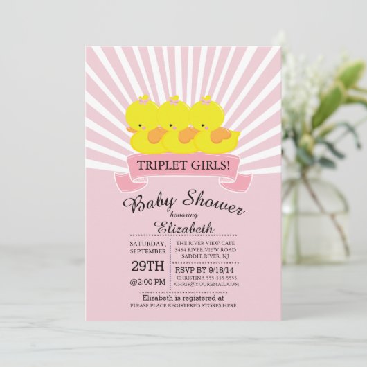 Rubber eend triplet meisjes baby douche uitnodigin kaart (Staand voorkant)