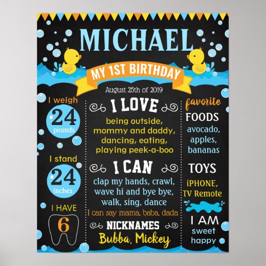 Rubber eenden Bubels First Birthday chalkboard Poster (Voorkant)
