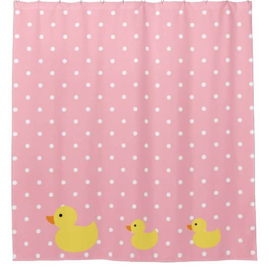 Rubber Eenden zwemmen op roze pokstippen Douchegordijn (Voorkant)