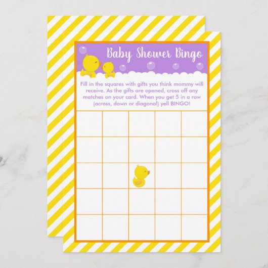 Rubber Eendje Geel en Paars Baby Shower Bingo Kaart (Voorkant / Achterkant)