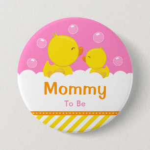 Rubber Eendje Geel en Roze Mama in wording Ronde Button 7,6 Cm