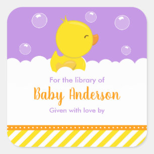 Rubber Eendje Geel Paarse Baby Bibliotheek Ex-Libr Vierkante Sticker