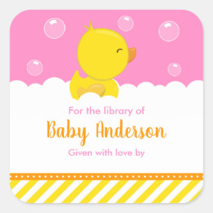 Rubber Eendje Geel Roze Baby Bibliotheek Ex-Libris Vierkante Sticker