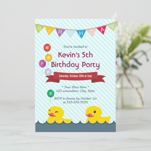 Rubber Eucks Blue Stripes Birthday Invitations Kaart (Staand voorkant)