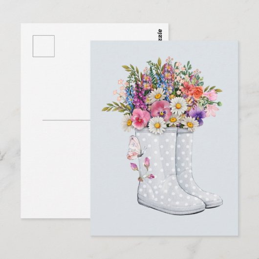 Rubber laarzen kunst met bloemenboeket briefkaart (Voorkant / Achterkant)