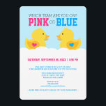 Rubber met roze roze of blauw geslacht met feestda kaart<br><div class="desc">Bent u bereid het geslacht van uw baby aan uw naaste familie en vrienden mee te delen? Plaats de toon voor uw evenement in stijl met ons Rubber Ducky Pink of Blauw Genderdeeltje ontwerp. Dit schattige ontwerp bevat twee zoete gele jongen- en meisjeseenden, een met een blauw hart op zijn...</div>