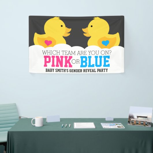 Rubber met roze roze of blauw geslacht met feestda spandoek (Beurs)