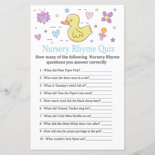 Rubbereend Nursery Rhyme Quiz baby shower game (Voorkant)