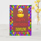 Rubberen eend gepersonaliseerde leuke groet verjaa kaart (Gele Bloem)