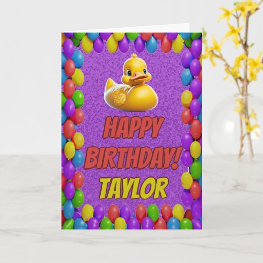 Rubberen eend gepersonaliseerde leuke groet verjaa kaart (Gele Bloem)