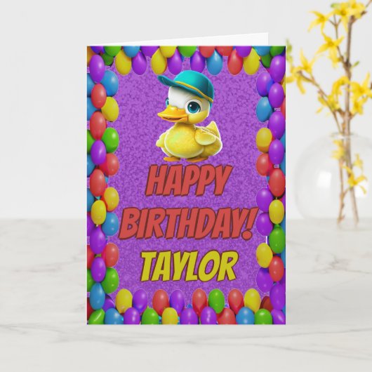 Rubberen eend gepersonaliseerde leuke groet verjaa kaart (Gele Bloem)