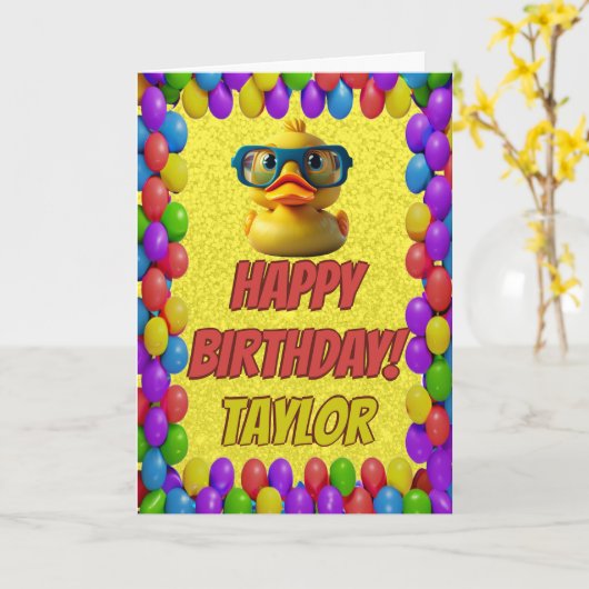 Rubberen eend gepersonaliseerde leuke groet verjaa kaart (Gele Bloem)