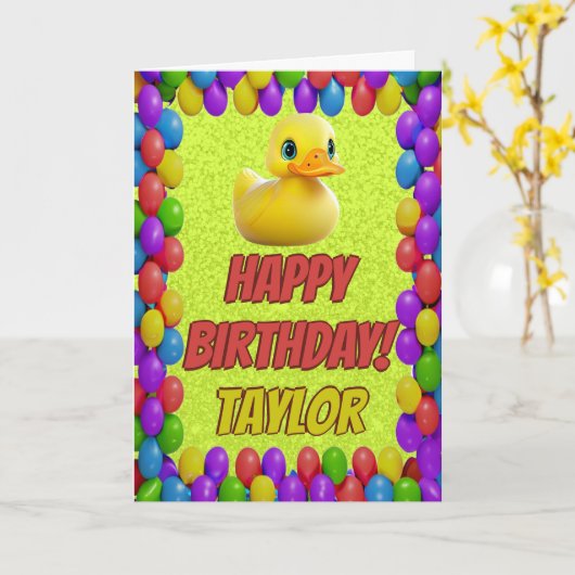 Rubberen eend gepersonaliseerde leuke groet verjaa kaart (Gele Bloem)