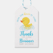 Rubberen eend van onze douche naar uw Baby shower Cadeaulabel (Voorkant)