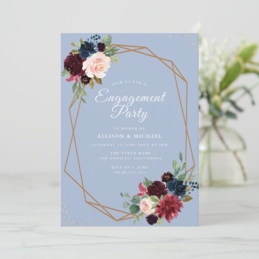 rubbijn dusty blue floral geometric verloving kaart (Staand voorkant)