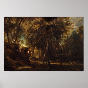 Rubens – Bos bij dageraad met hertenjacht (Met) Poster