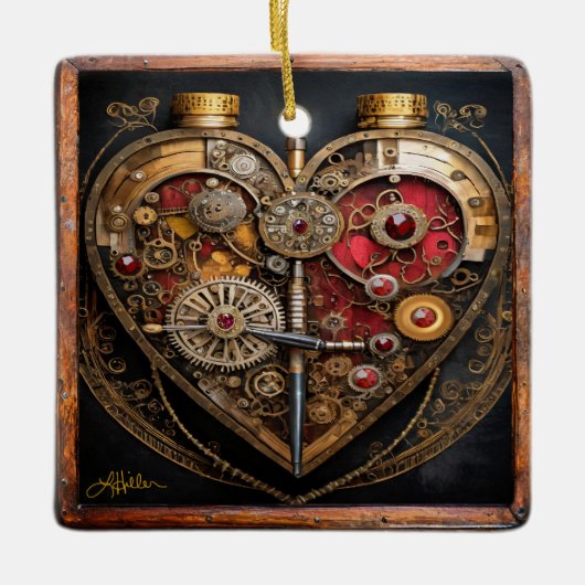 Rubies en Gears Heart Steampunk-serie Keramisch Ornament (Voorkant)