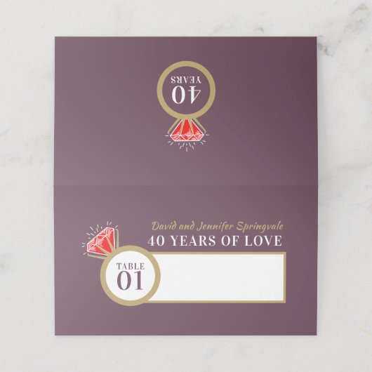Ruby 40ste huwelijksverjaardag rode tafel plaatskaartje (Buitenkant ongevouwen)