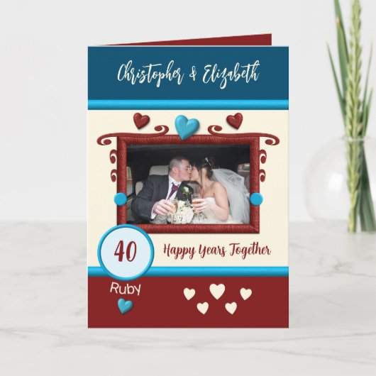 Ruby 40ste verjaardag voegt blauwe fotonamen toe kaart (Voorkant)