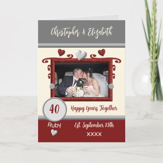 Ruby 40ste verjaardag voegt foto namen grijs toe kaart (Voorkant)