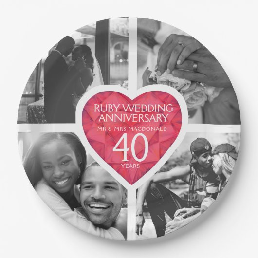 Ruby 40th bruiloft Jubileum hart vier foto's Papieren Bordje (Voorkant)