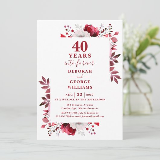 Ruby 40th Wedding Jubileum Floral Monogram Kaart (Staand voorkant)