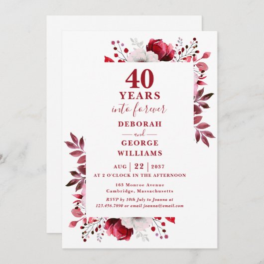 Ruby 40th Wedding Jubileum Floral Monogram Kaart (Voorkant / Achterkant)