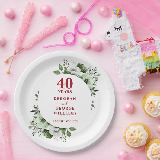 Ruby 40th Wedding Jubileum Greenery Papieren Bordje (Feest)