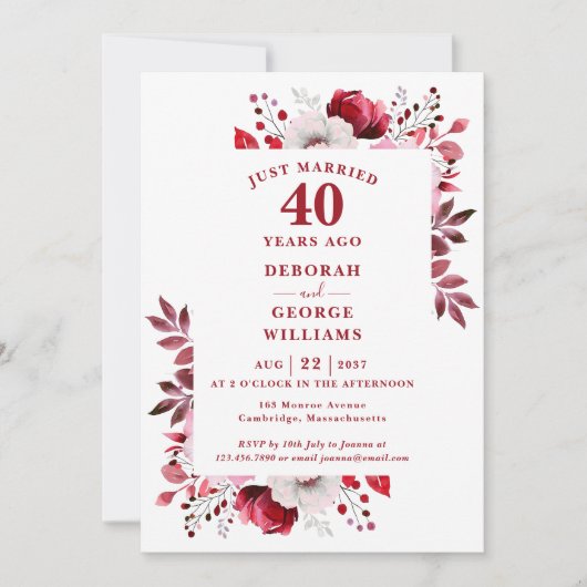 Ruby 40th Wedding Jubileum Monogram Bloemen Kaart (Voorkant)