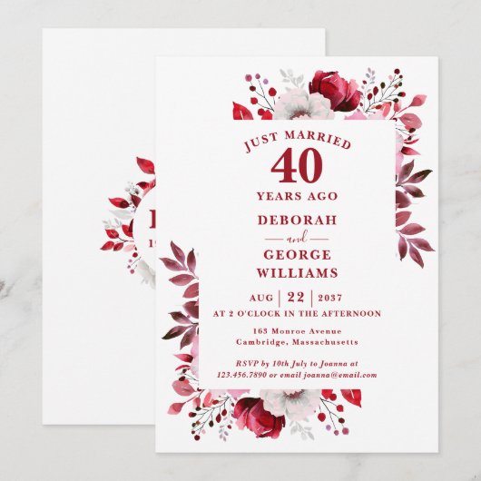 Ruby 40th Wedding Jubileum Monogram Bloemen Kaart (Voorkant / Achterkant)