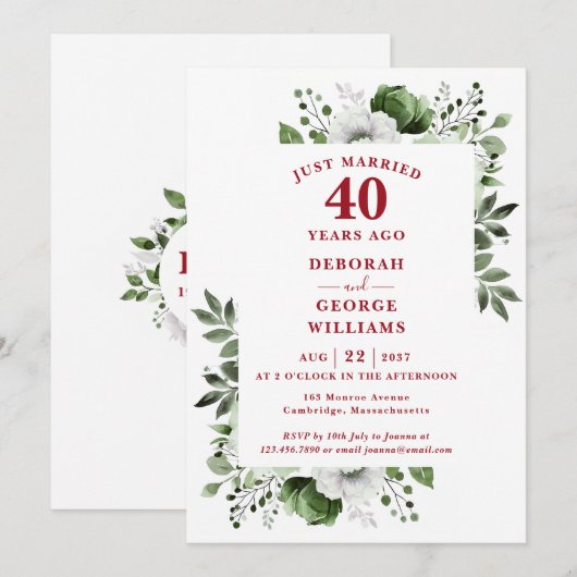 Ruby 40th Wedding Jubileum Monogram Bloemen Kaart (Voorkant / Achterkant)
