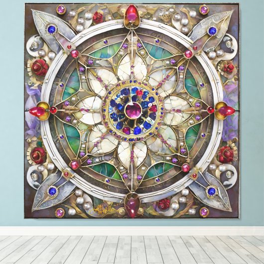 Ruby, Amethist, Sapphire en Pearl, Mandala Canvas Afdruk (Insitu (Houten vloer))