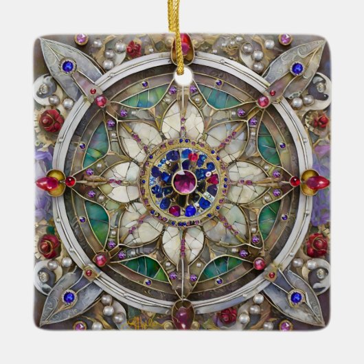 Ruby, Amethist, Sapphire en Pearl, Mandala Keramisch Ornament (Voorkant)