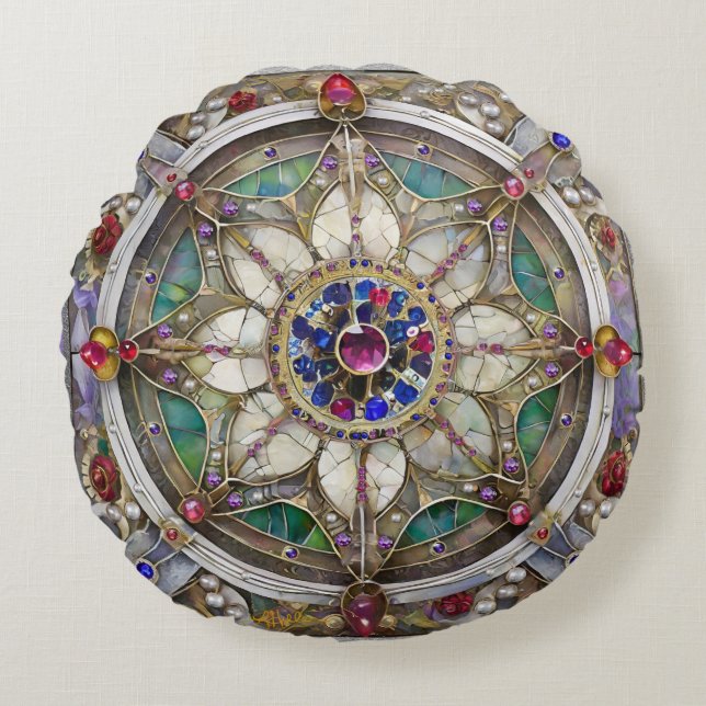 Ruby, Amethist, Sapphire en Pearl, Mandala Rond Kussen (Voorkant)