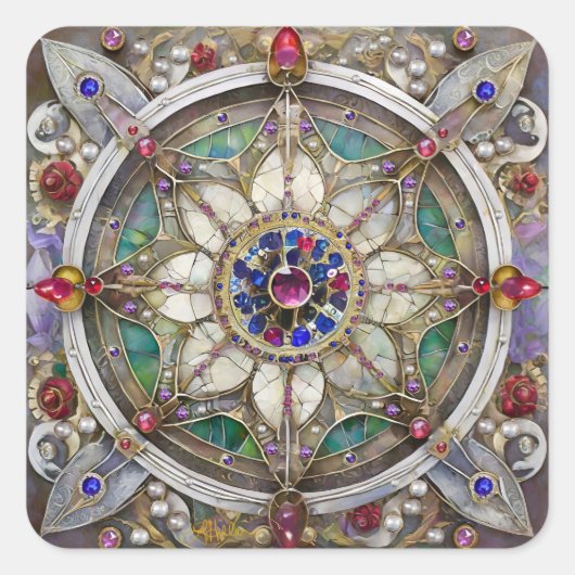 Ruby, Amethist, Sapphire en Pearl, Mandala Vierkante Sticker (Voorkant)