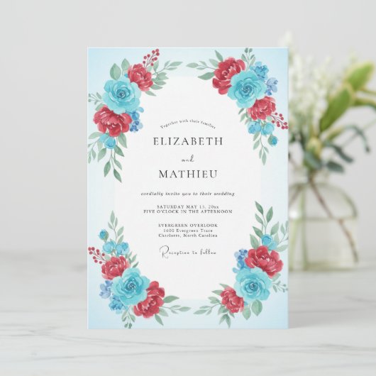 Ruby Azure Ranunculus Eucalyptus Bruiloft Kaart (Staand voorkant)