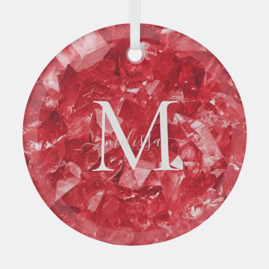 Ruby Birthstone Monogram Persoonlijke naam Glas Ornament (Voorkant)