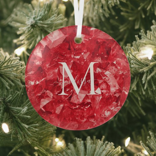 Ruby Birthstone Monogram Persoonlijke naam Glas Ornament (Insitu)