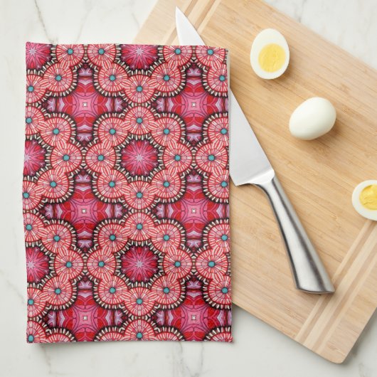 Ruby Bloom Tegel – Ornamental Red Floral Pattern Theedoek (Quarter Fold)