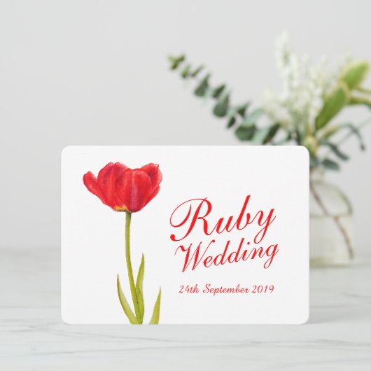 Ruby bruiloft party red tulip art 40th suitnodigin kaart (Staand voorkant)