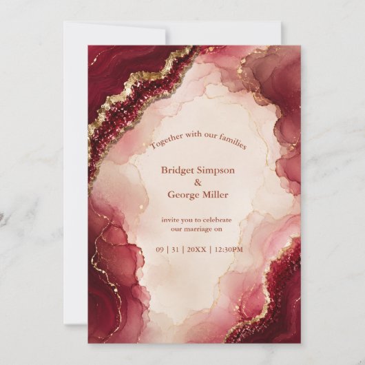 Ruby Burgundy Agate Luxe marmeren Huwelijk Kaart (Voorkant)