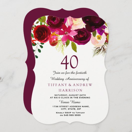 Ruby Burgundy Red Floral 40th Wedding Jubileum Kaart (Voorkant / Achterkant)