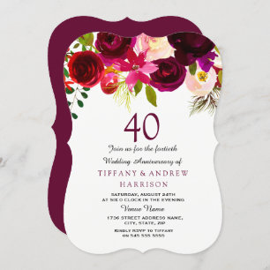 Ruby Burgundy Red Floral 40th Wedding Jubileum Kaart